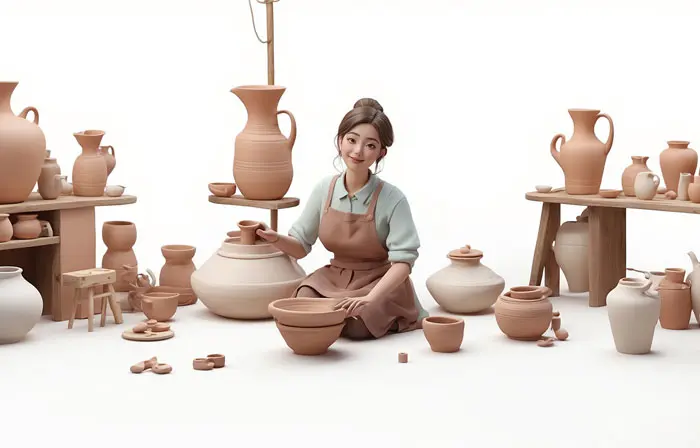Female Clay Vase Artist 3D Cartoon Character Illustration